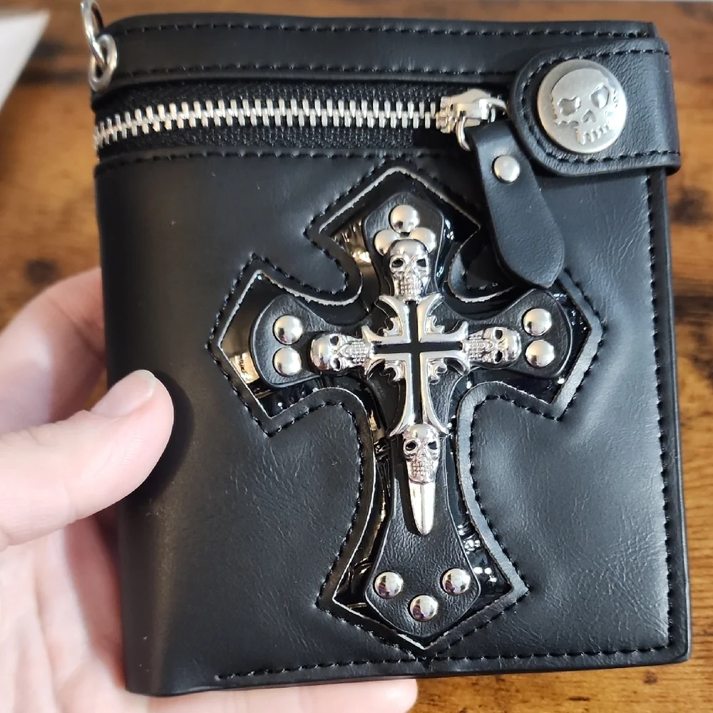 Men's Bifold Wallet, 1Pc New Retro Punk Style Black Skull & Cross Pattern